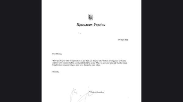 Thomas's letter to Volodomyr Zelensky (Image: UK Department for Education/ Twitter)